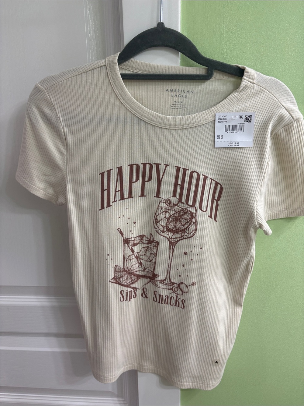 American Eagle Outfitters Cream "Happy Hour" Graphic Tee with Rust Print